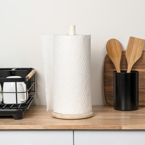 Happimess Avery Modern Classic Metal With Non Slip Weighted Marble Base Paper Towel Holder In White
