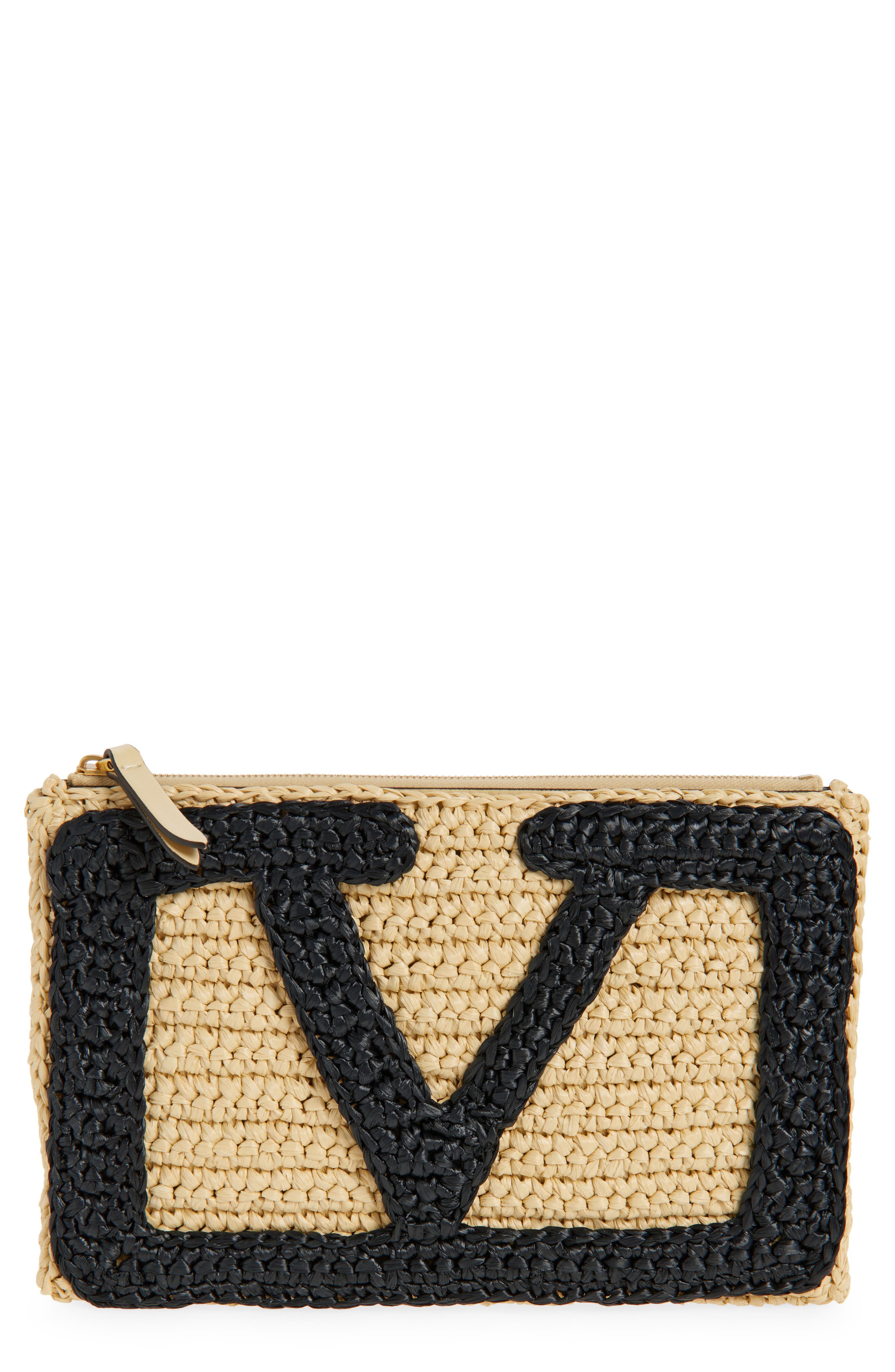 Valentino Garavani Viva Superstar Raffia Clutch, Main, color, Naturale Nero