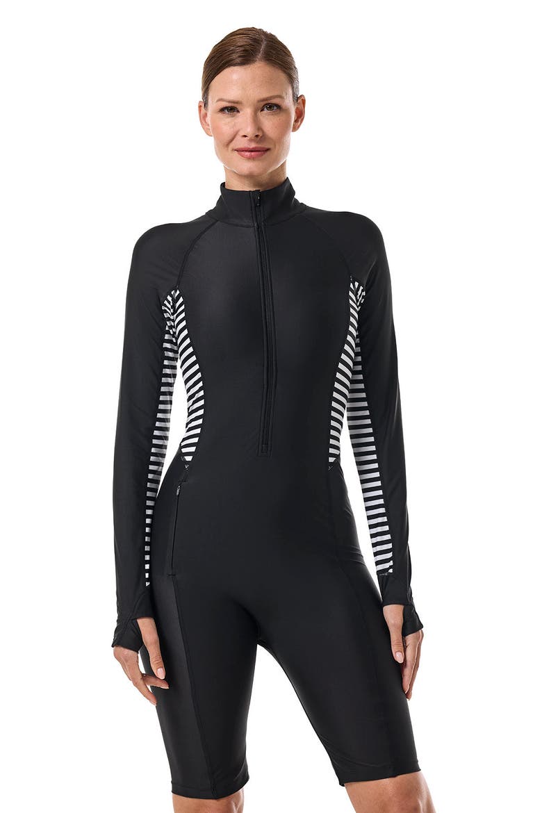Alana Knee Length Swimsuit, UPF 50+ Sun Protection, Alternate, color, Black/White Colorblock