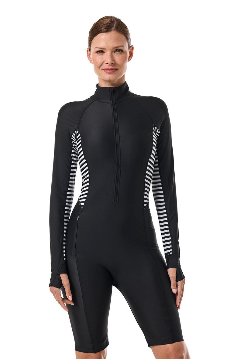Coolibar Knee Length Swimsuit - UPF 50+ Sun Protection - Alana, Main, color, Black/White Colorblock