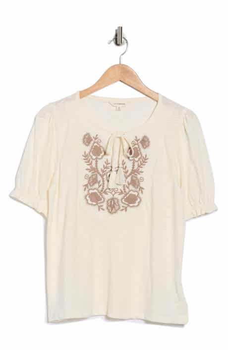 Lucky Brand Embroidered Tie Front Top