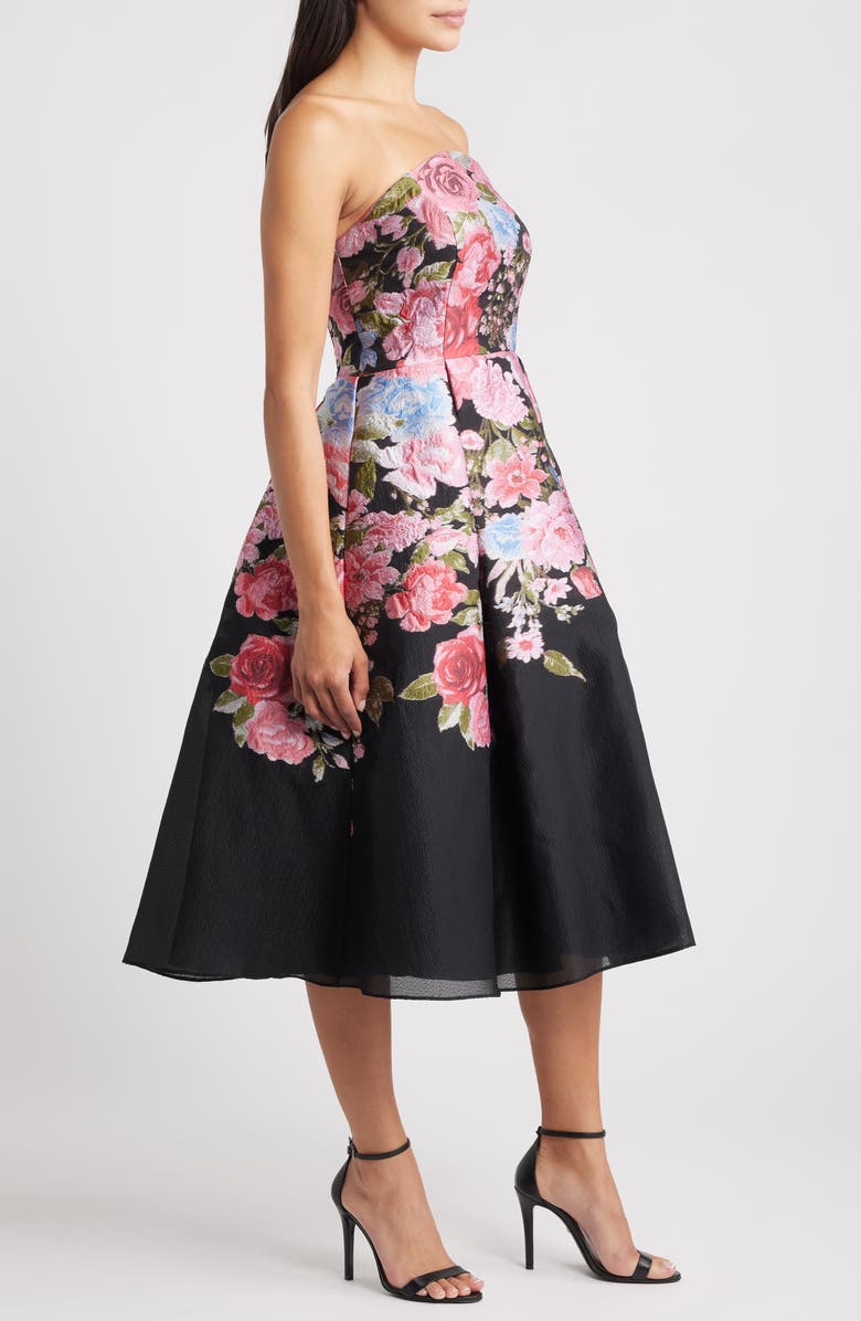 Eliza J Pleated Strapless Jacquard Cocktail Dress, Alternate, color, Black Multi