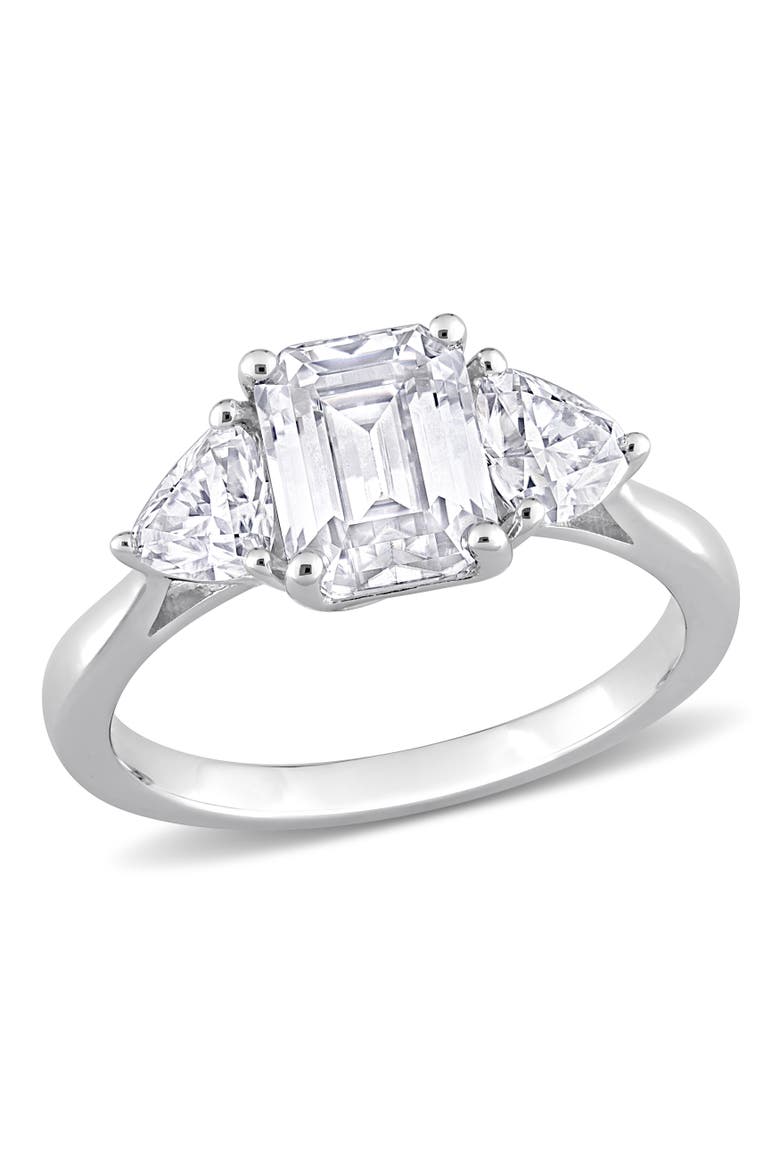 Moissanite Emerald 3-Stone Ring, Main, color, Sterling Silver