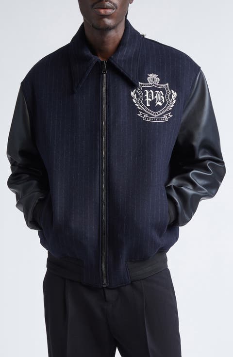 Pinstripe Mixed Media Varsity Jacket