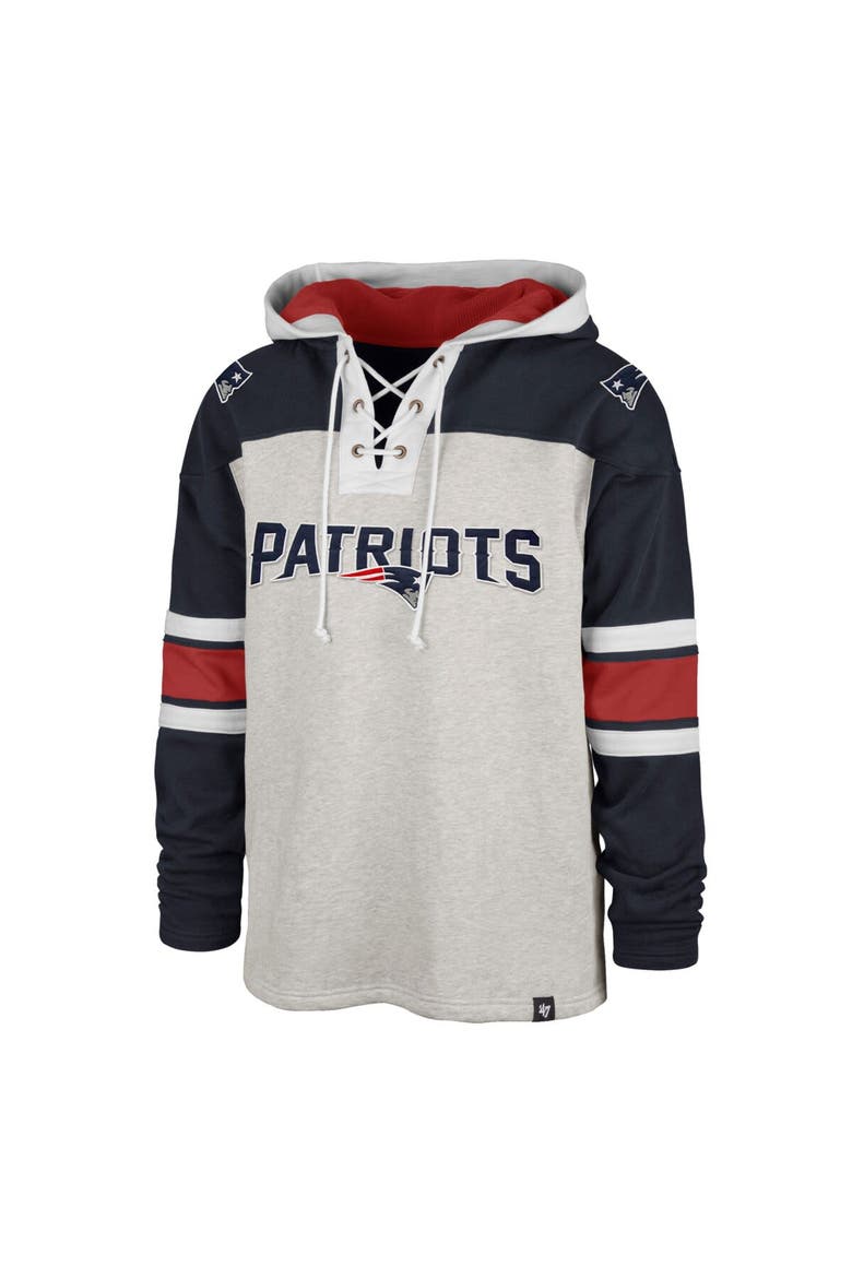 Men's '47 New England Patriots Heather Gray Gridiron Lace-Up Pullover Hoodie, Alternate, color, Gray