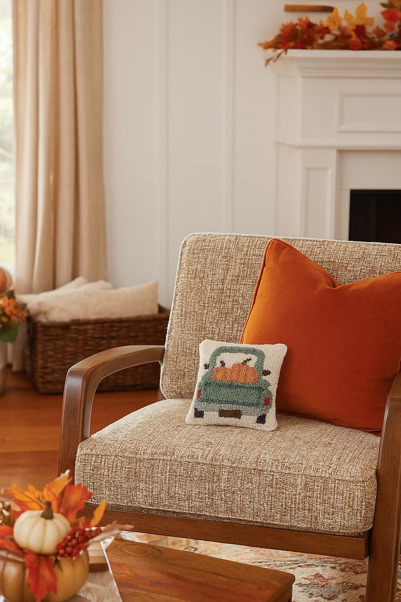 Pumpkin Pickup Truck Hooked Fall Mini Accent Pillow 8" x 8", Alternate, color, Blue