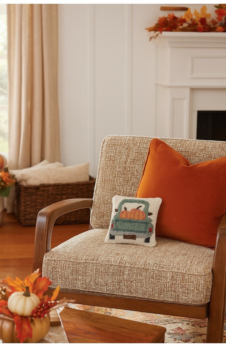 C&F Home Pumpkin Pickup Truck Hooked Fall Mini Accent Pillow 8" x 8", Alternate, color, Blue