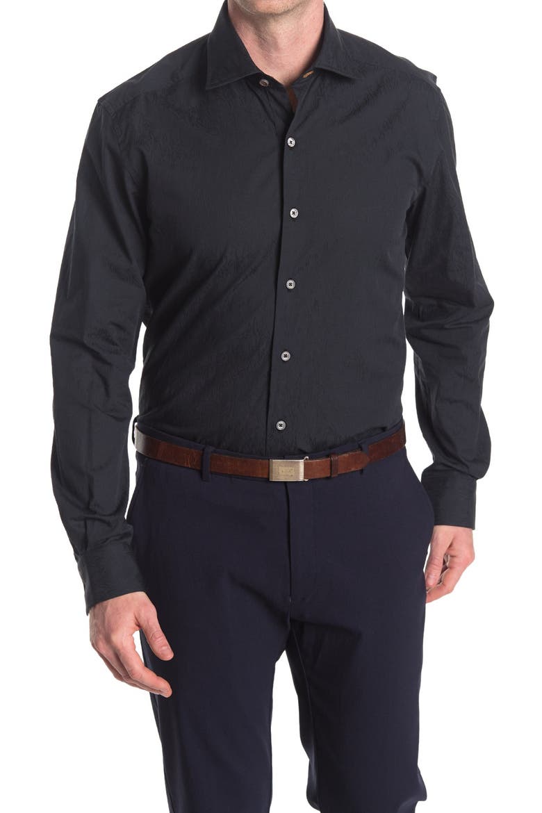 Milano Tailored Fit Jacquard Button-Up Shirt, Main, color, BLACK