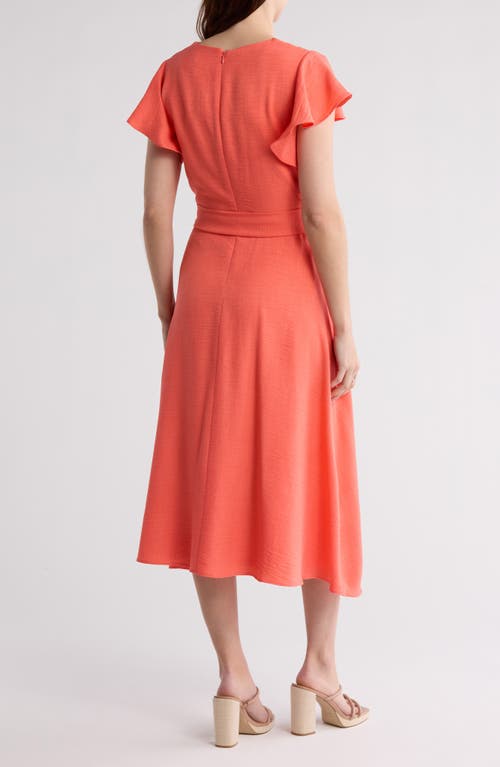 Shop Dkny Flutter Sleeve Tie Waist Midi Dress In Orange Rose