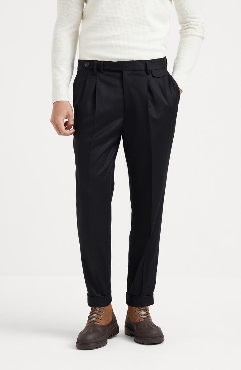 Brunello Cucinelli Virgin wool flannel leisure fit trousers with double pleats and tabbed waistband, Alternate, color, 
