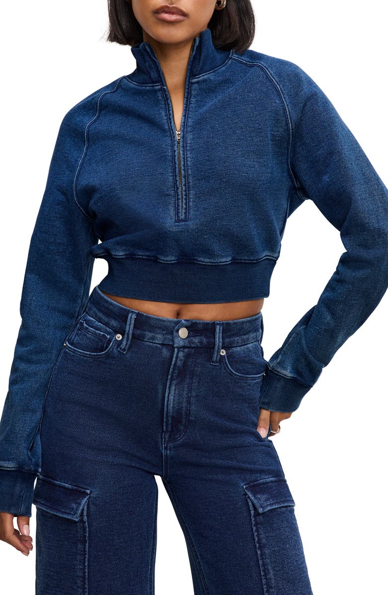Good American Jeanius Half Zip Crop French Terry Sweatshirt, Main, color, Indigo377
