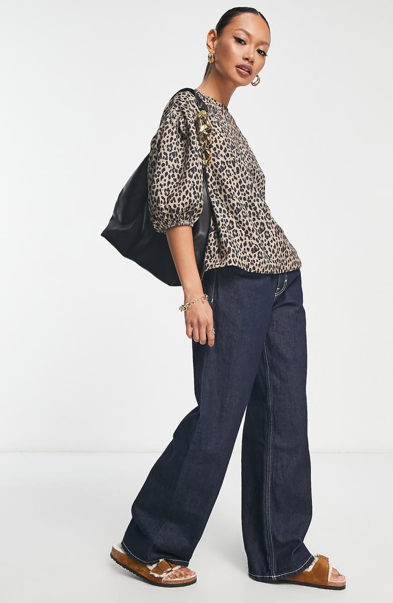 ASOS DESIGN Leopard Print Puff Sleeve Scuba Top, Alternate, color, 