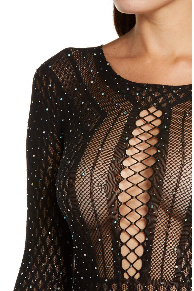 The Elite Embellished Mesh Bodysuit, Alternate, color, BLACK