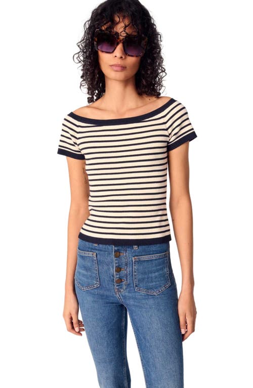 Maje Rib Knit Short Sleeve Boat Neck Top In Navy/ecru