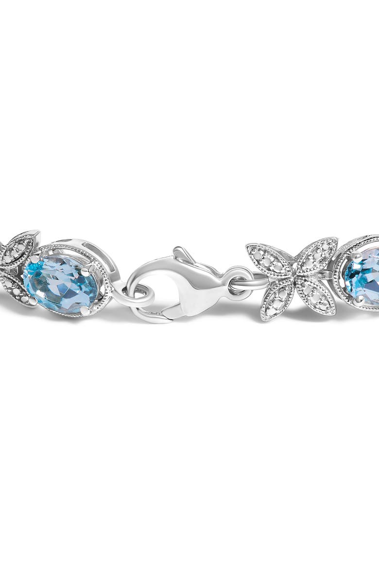 Silver Oval Blue Topaz Diamond Butterfly Link Bracelet -   Inches, Alternate, color, White
