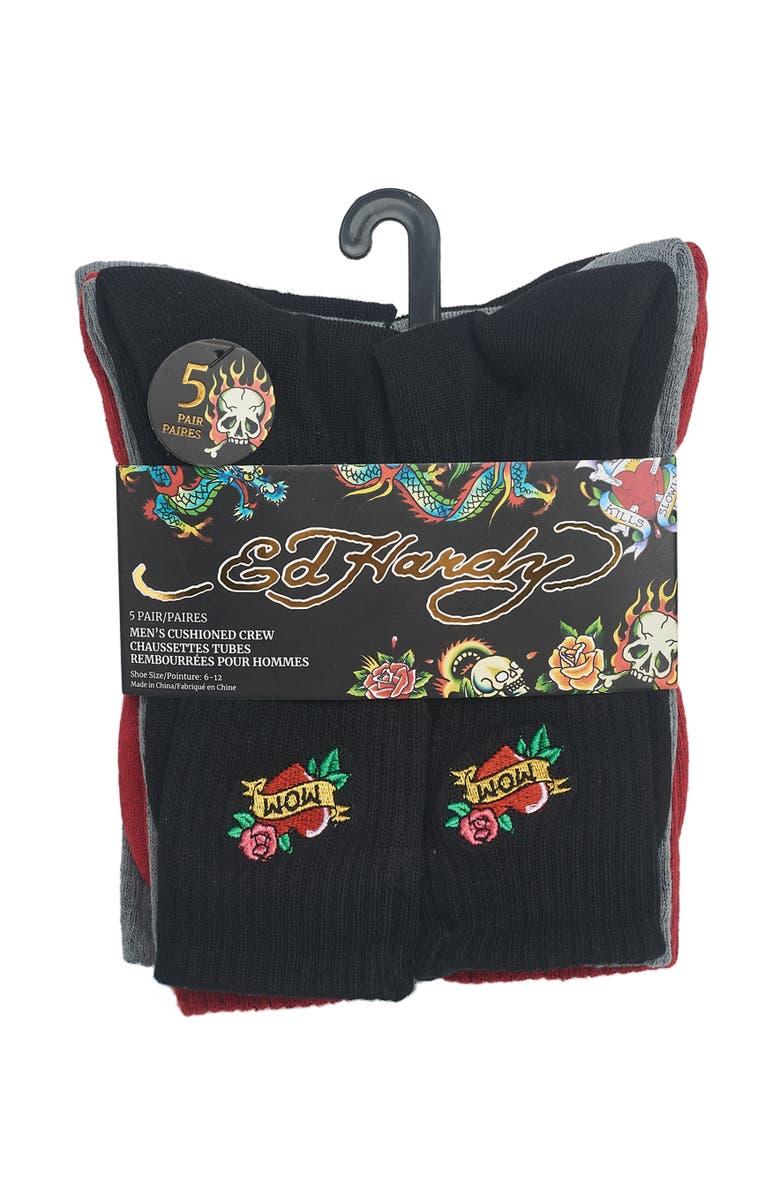 Ed Hardy Embroidery Half Cushion Crew Sock 5-Pack, Alternate, color, Red Multi