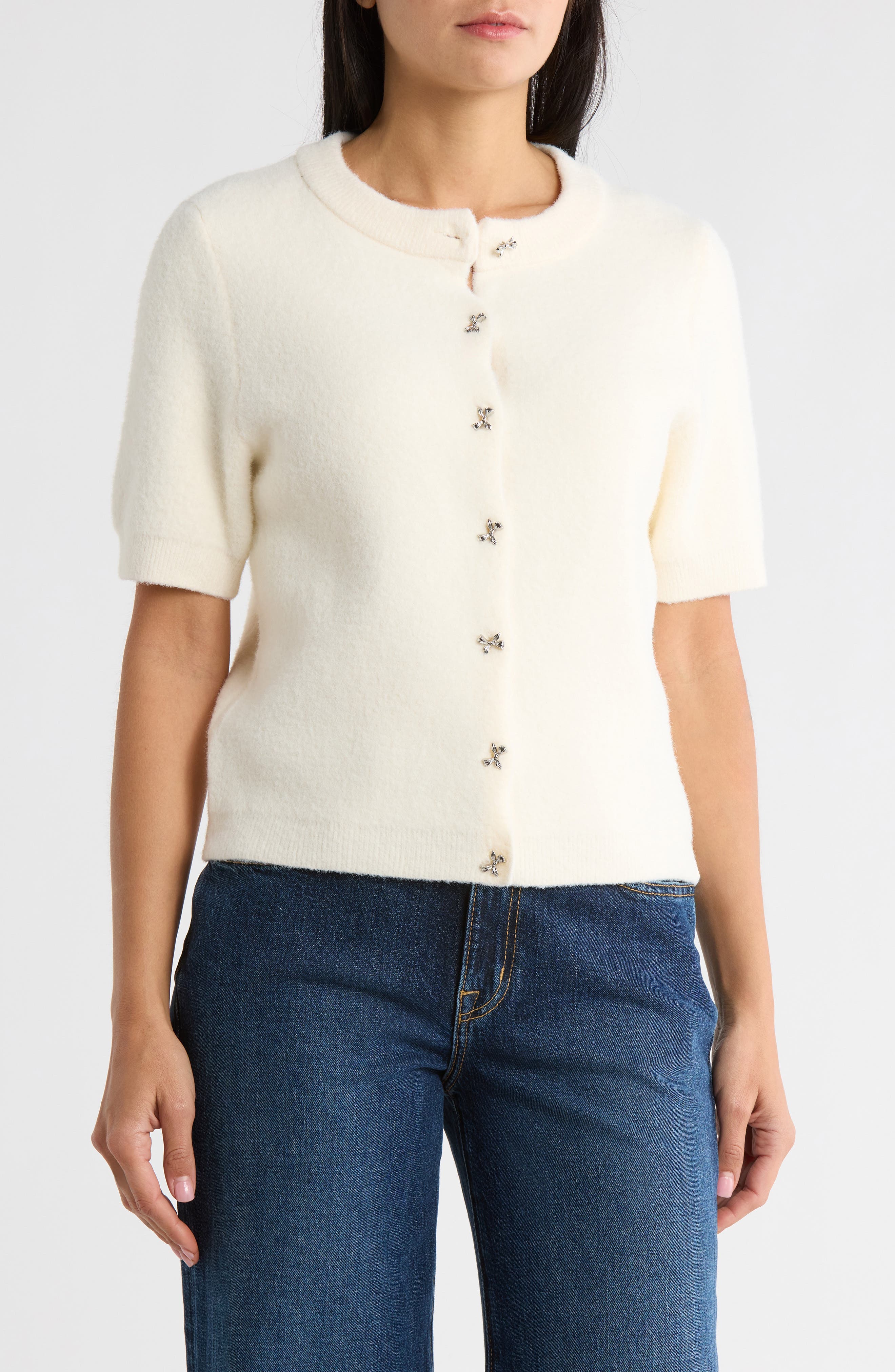 Muse Bow Button Short Sleeve Cardigan