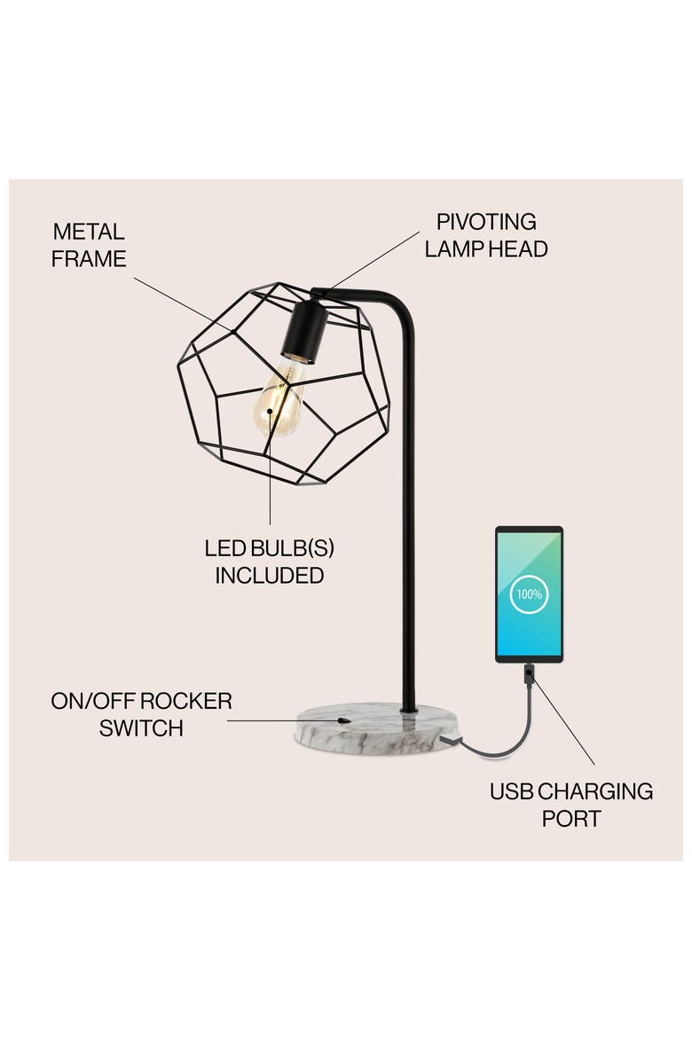 Penta 23.5" Industrial Farmhouse Head-Adjustable Iron LED Task Lamp with USB Charging Port, Black, Alternate, color, Black
