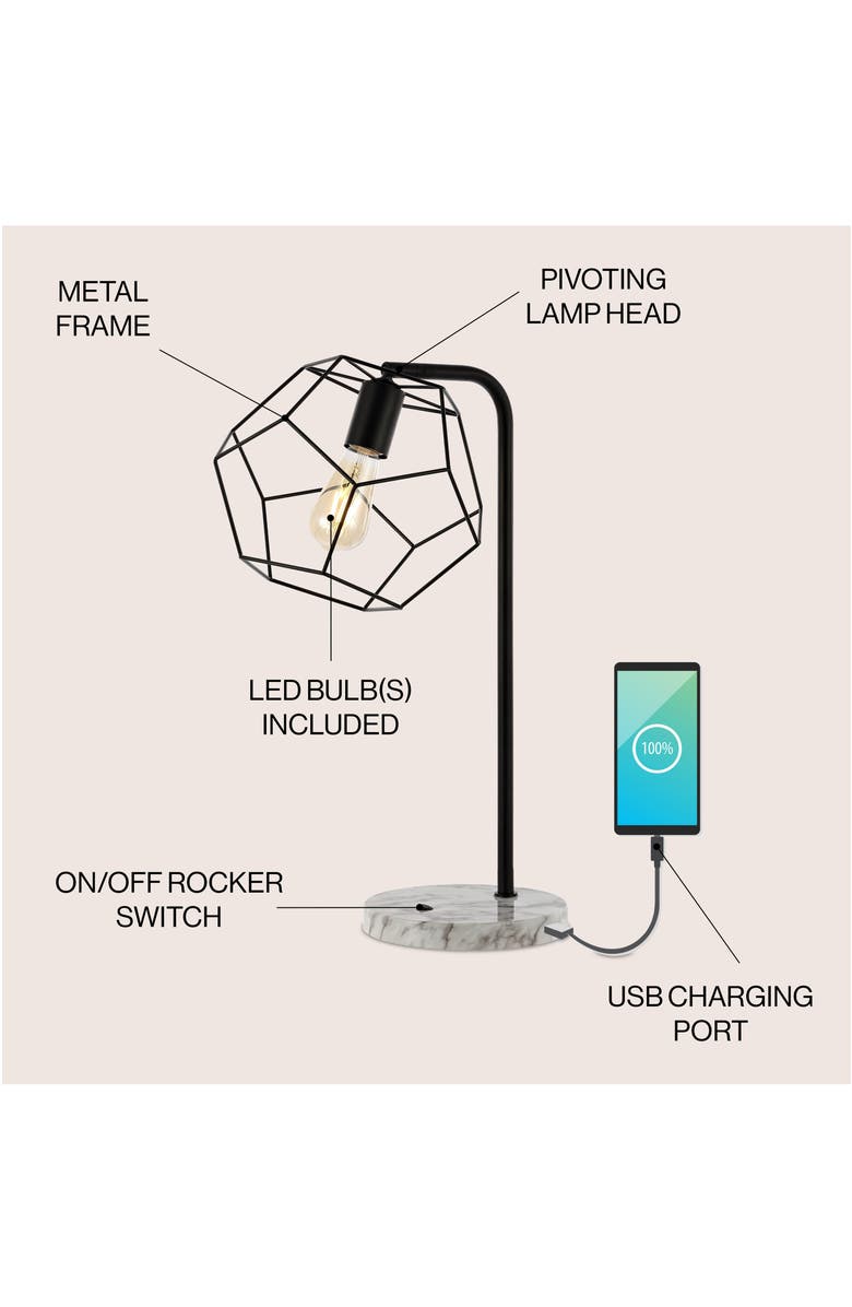 JONATHAN Y Penta 23.5" Industrial Farmhouse Head-Adjustable Iron LED Task Lamp with USB Charging Port, Black, Alternate, color, Black