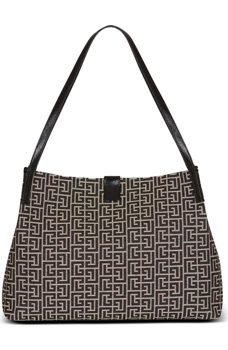 Balmain Medium Release Shopper bag in monogram jacquard and calfskin leather, Alternate, color, Black