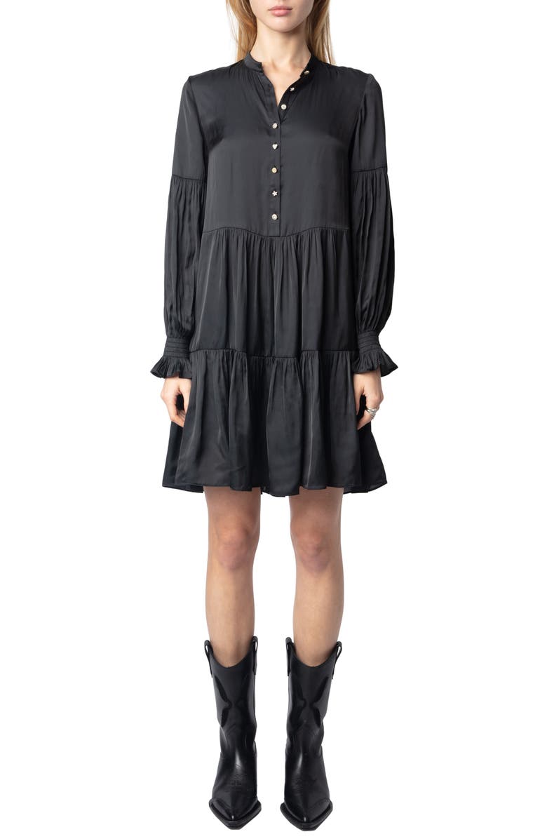 Zadig & Voltaire Randy Long Sleeve Tiered Satin Dress, Main, color, Black