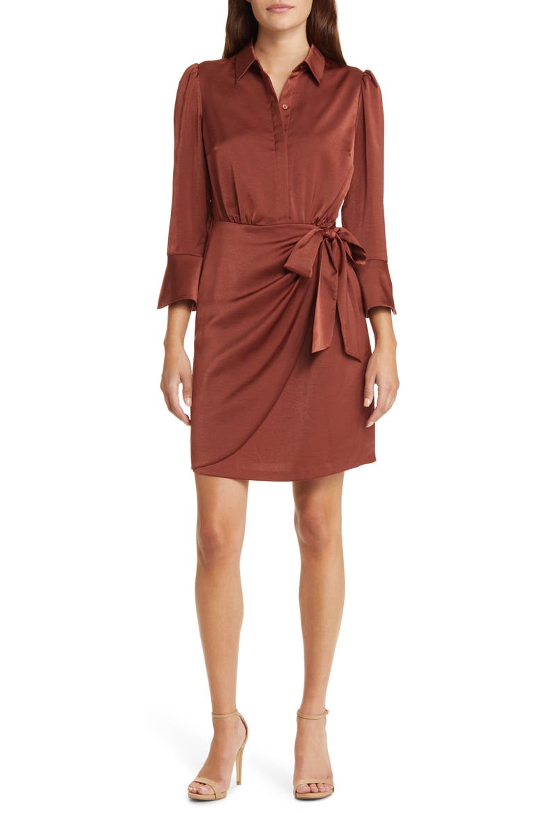 Satin Shirtdress, Main, color, BROWN