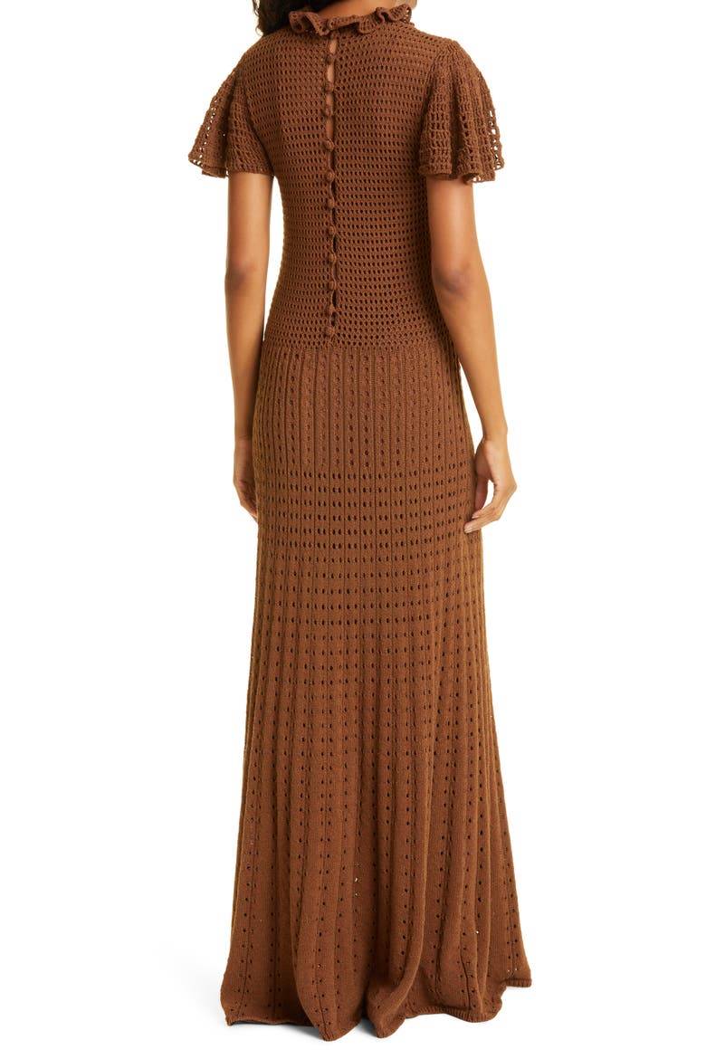 Flounce Sleeve Cotton Blend Crochet Maxi Dress, Alternate, color, CHOCOLATE