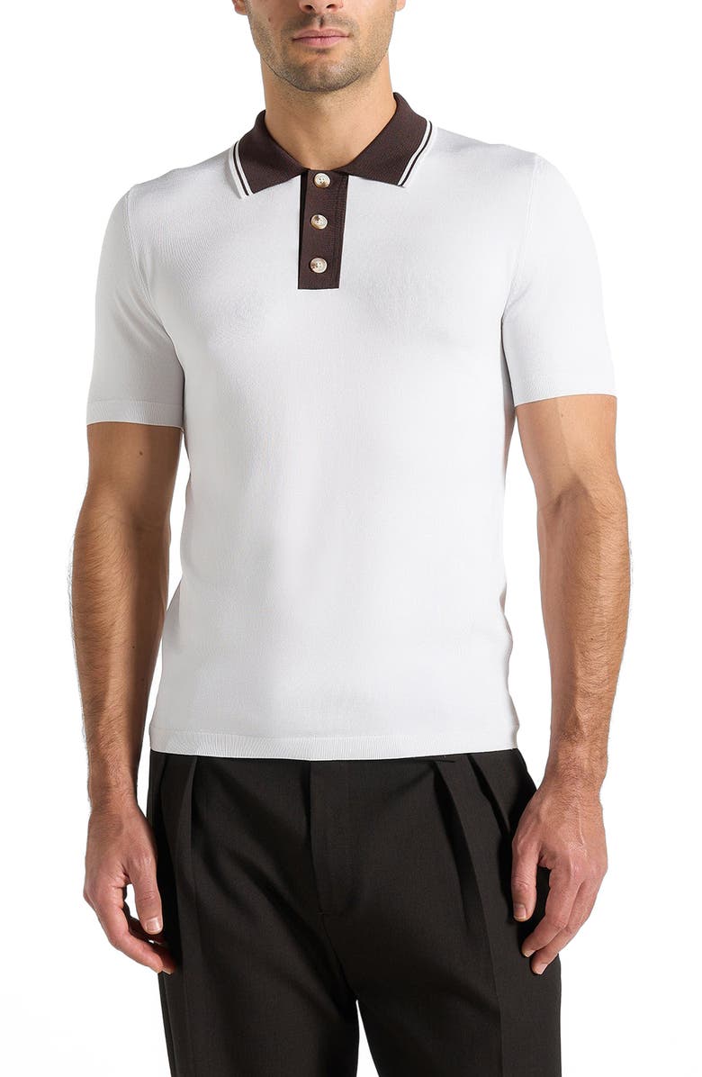 Manière De Voir Roux Contrast Detail Luxe Knit Polo Shirt, Main, color, White