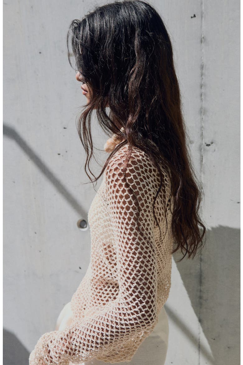 Stretch Cotton Crochet Sweater, Alternate, color, ECRU