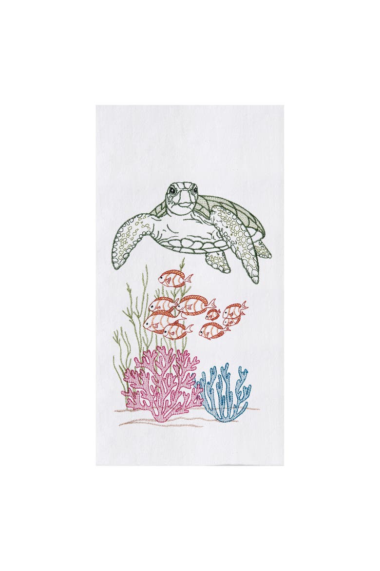 Ocean Life Embroidered Flour Sack Cotton Kitchen Towel, Main, color, White
