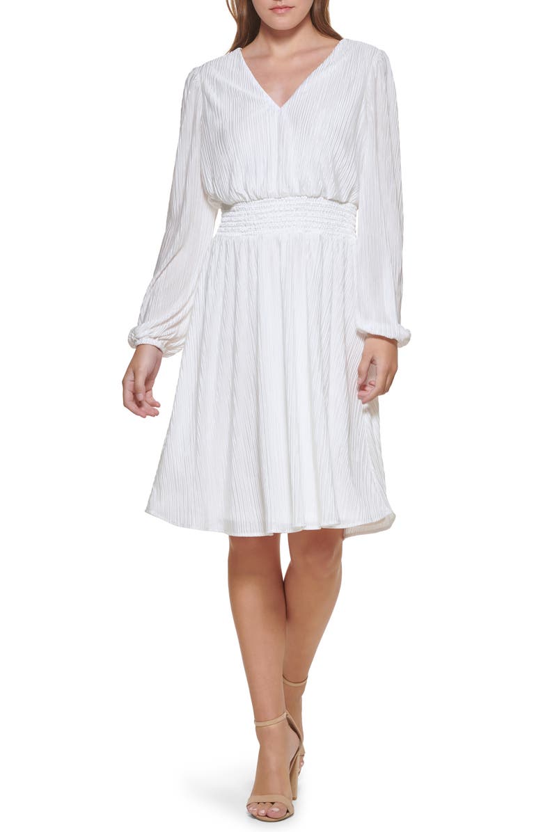 Kensie Pleated V-Neck Long Sleeve A-Line Dress, Main, color, Ivory
