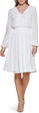 Kensie Pleated V-Neck Long Sleeve A-Line Dress