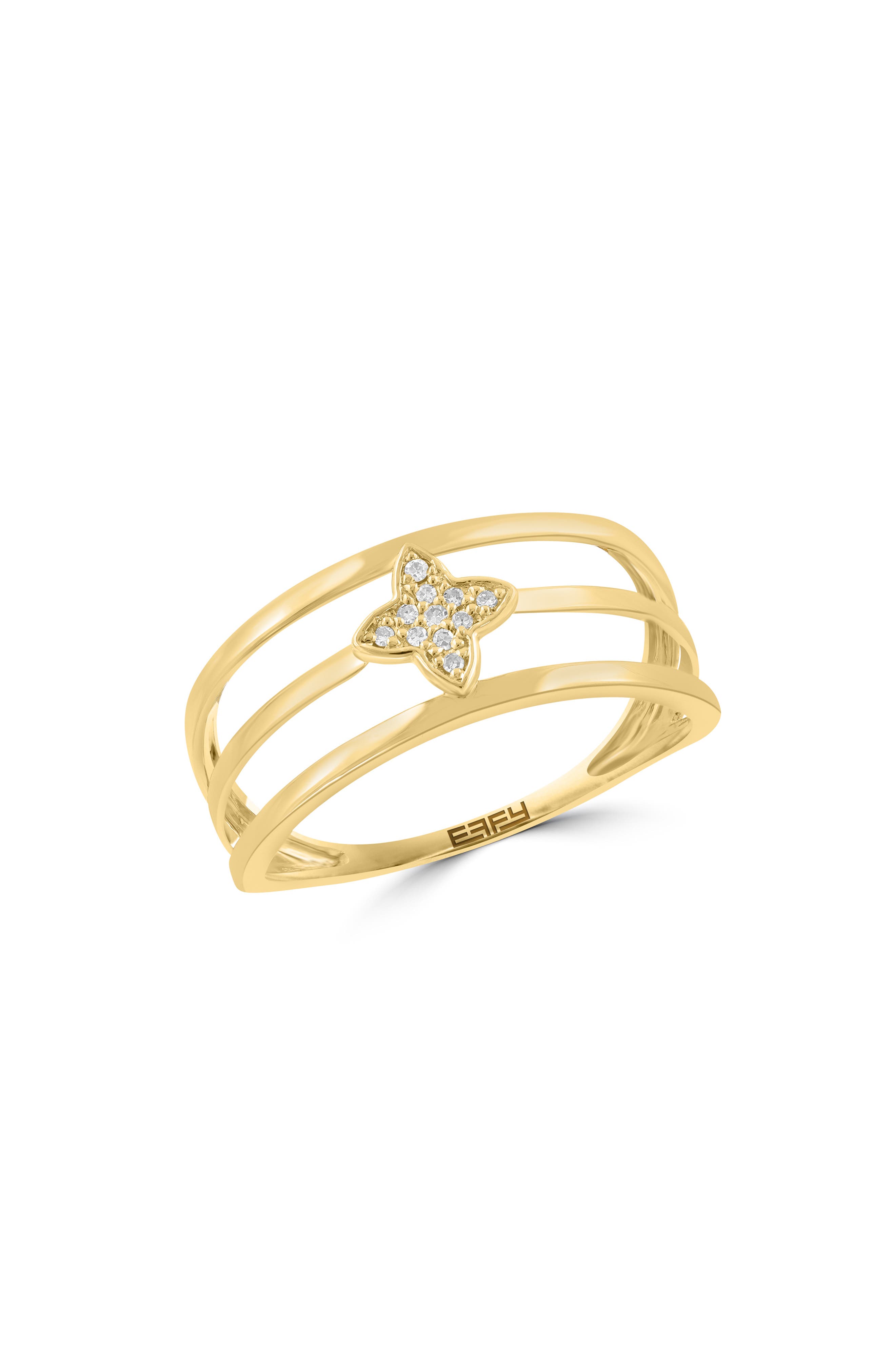 14K Yellow Gold Pavé Diamond Clover Triple Band Ring