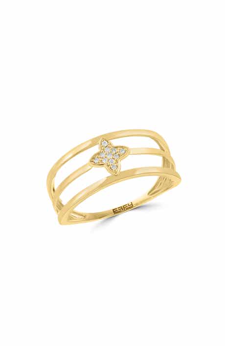 14K Yellow Gold Pavé Diamond Clover Triple Band Ring
