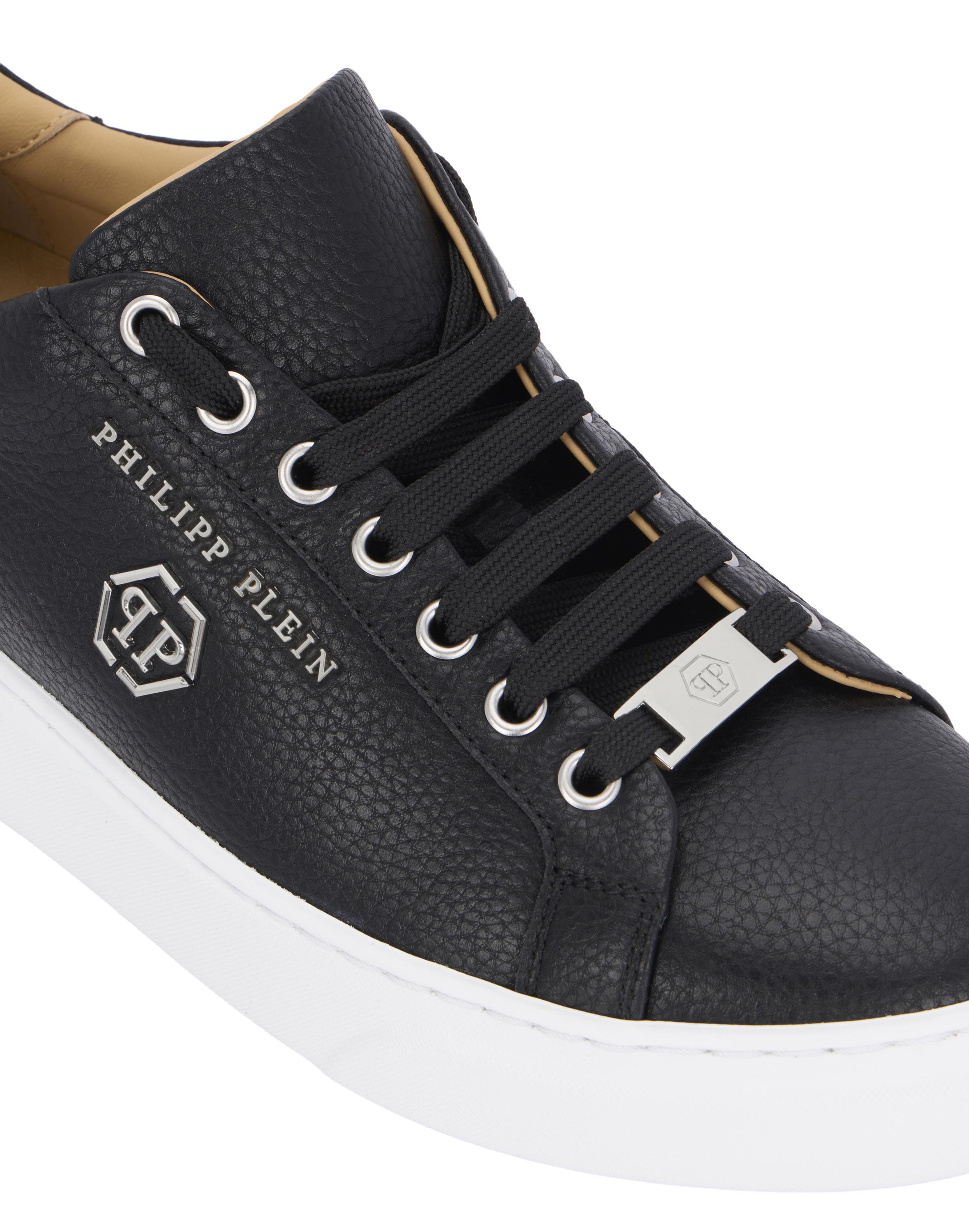 Leather Lo-Top Sneakers Hexagon Logo Unisex, Alternate, color, black