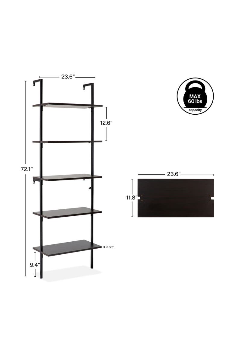 Madera Classic Industrial Shelf Wood Wall-Mounted Open Ladder Bookcase with Metal Frame, Alternate, color, Black/Black