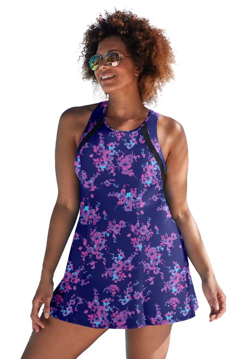Swimsuits For All High Neck Two Piece Racerback Swimdress In Blue