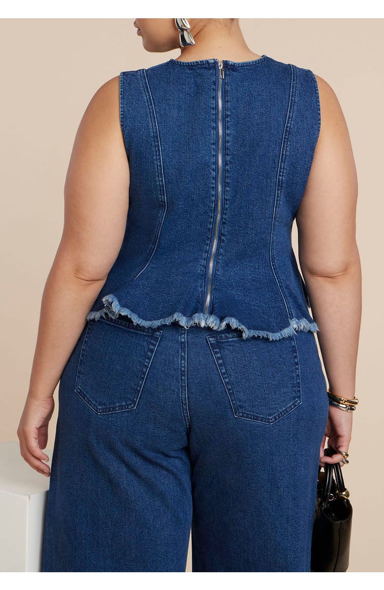 ELOQUII Denim Peplum Top, Alternate, color, Dark Wash
