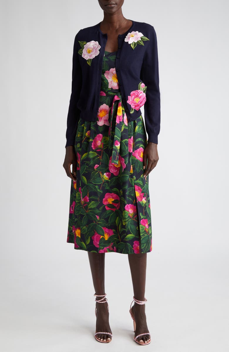 Oscar de la Renta Camellia Embroidered Virgin Wool Cardigan, Alternate, color, 