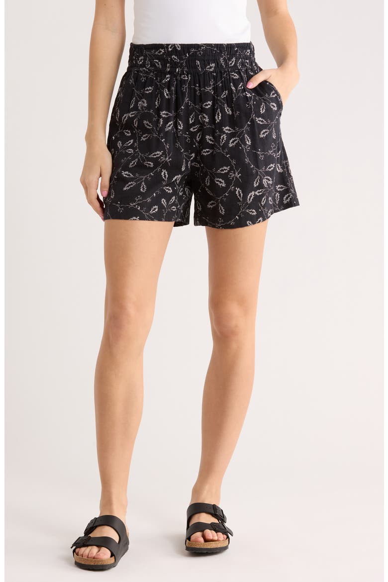 Slub Pull On Shorts, Main, color, BLACK- IVORY LACE STEMS