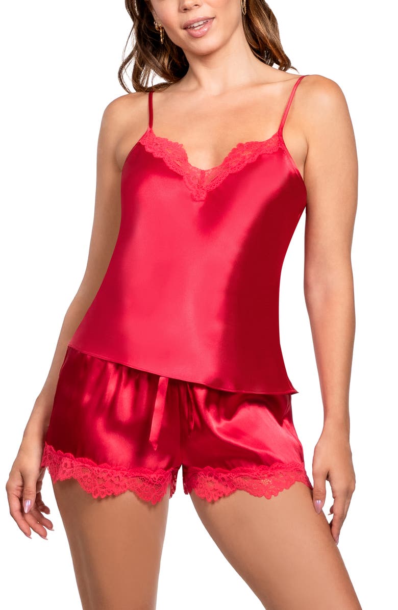 In Bloom by Jonquil Lace Trim Satin Cami & Short Pajamas, Alternate, color, Scarlette
