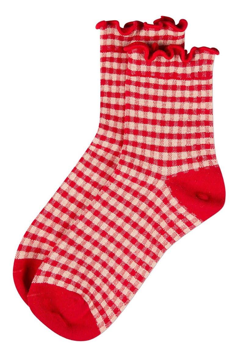 Gingham Ankle Socks, Main, color, RED
