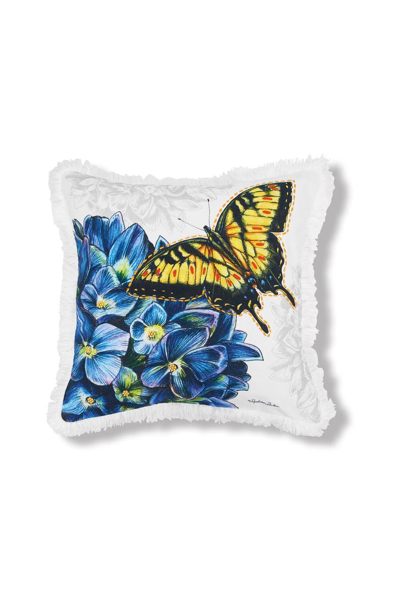 Botanical Butterfly & Flowers HD Printed Cotton Blend Accent Throw Pillow 18" x 18", Main, color, White