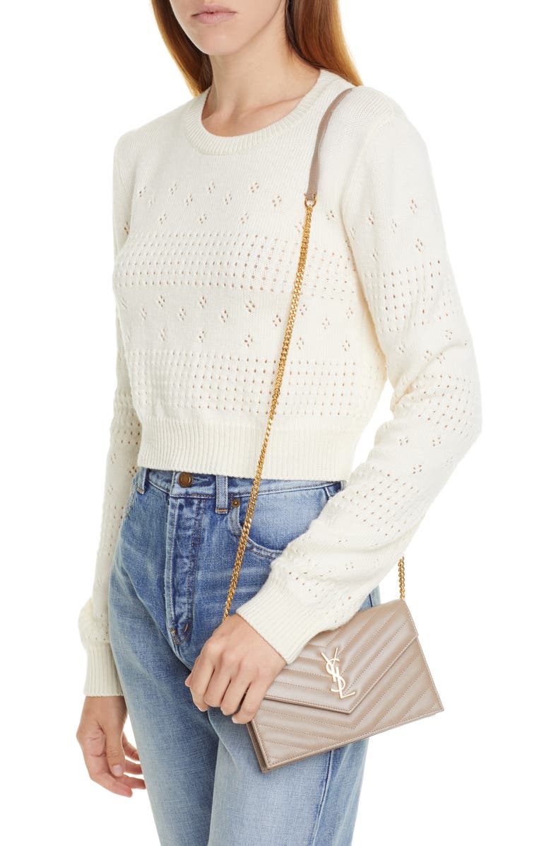 Saint Laurent 'Small Mono' Leather Wallet on a Chain, Alternate, color,