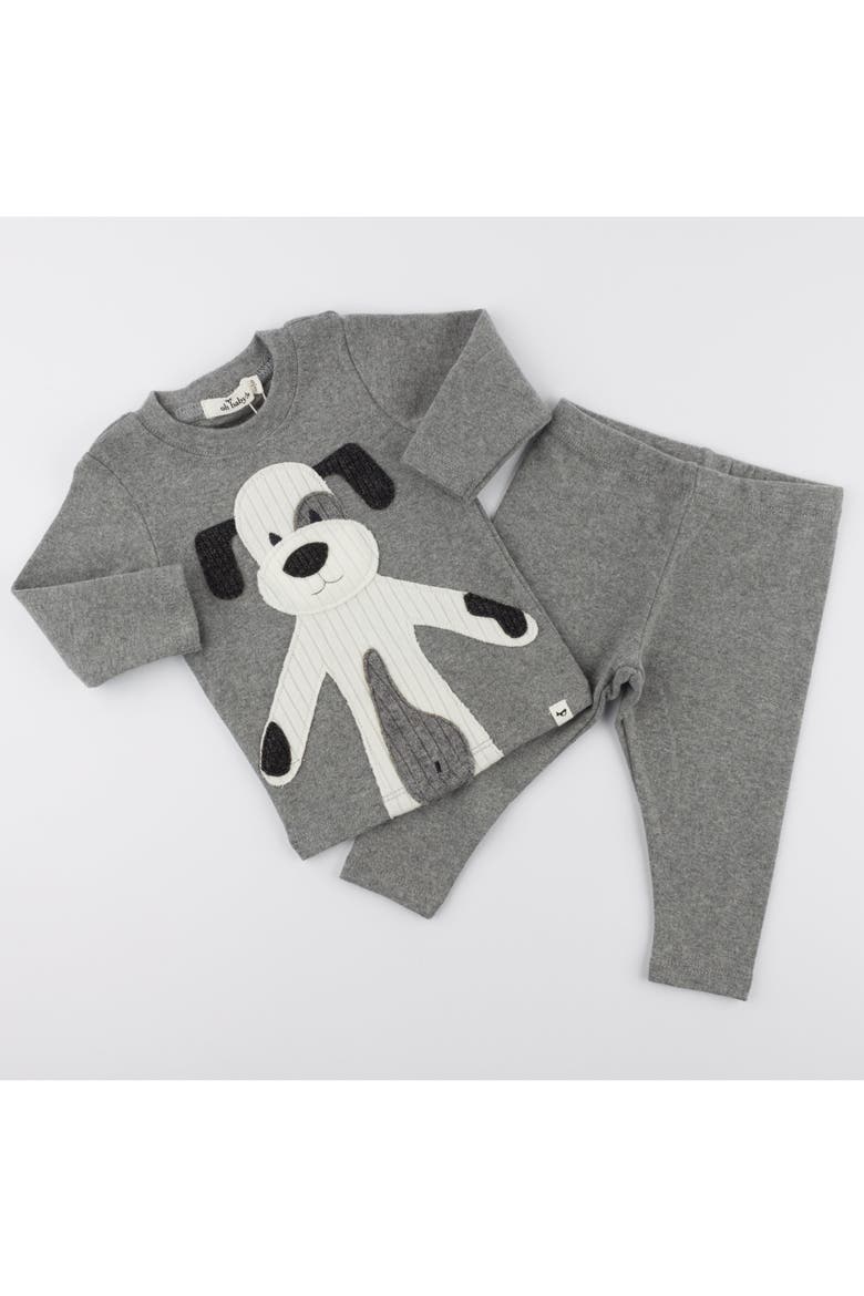 Large Cream Puppy Applique Long Sleeve Two Piece Set, Alternate, color, Coal