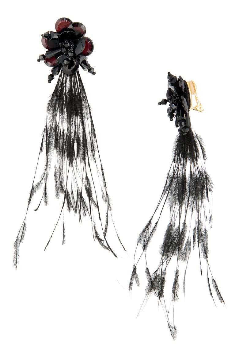 Feather Fringe Clip-On Earrings, Main, color, BLACK