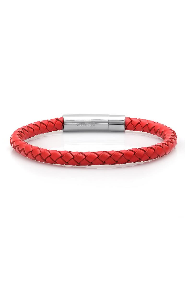 Stainless Steel Charm & Braided Leather Bracelet, Main, color, RED