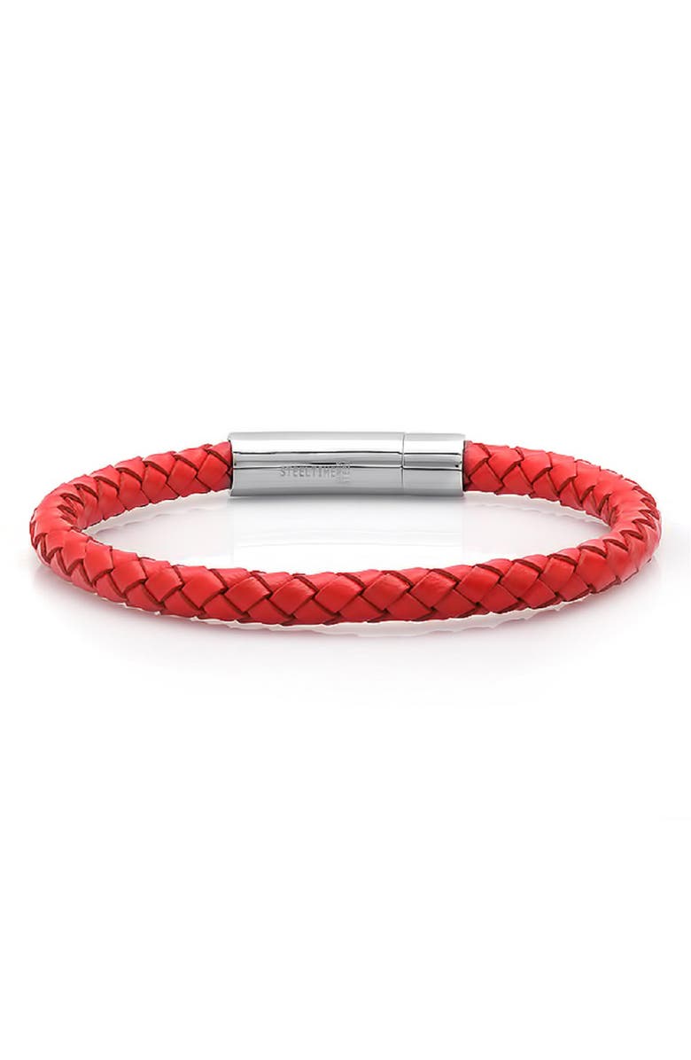 HMY JEWELRY Stainless Steel Charm & Braided Leather Bracelet, Main, color, 