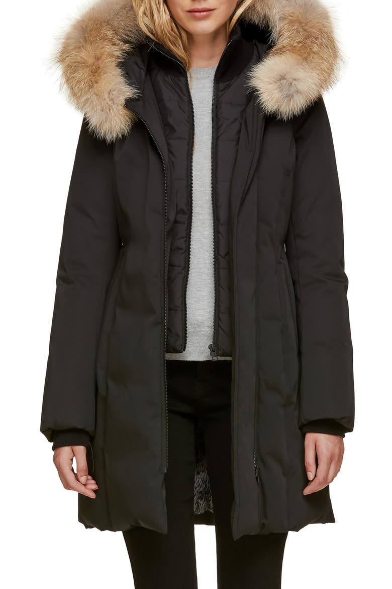 'Salma' Genuine Coyote Fur Trim Down Parka with Inset Bib, Main, color, BLACK