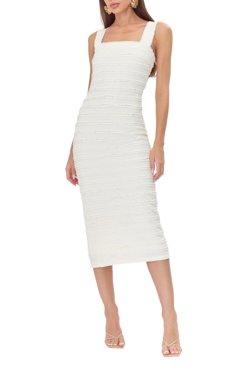 Adelyn Rae Lara Lace Trim Textured Body-Con Midi Dress, Main, color, Cream